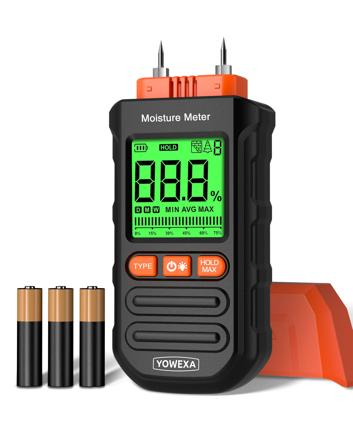 Wood Moisture Meter, Pin-Type Moisture Tester with 7 Material Modes, Digital Meter with Backlit LCD, Max/Min/Avg Mode & Data Hold, for Firewood, Lumber, Drywall & Walls