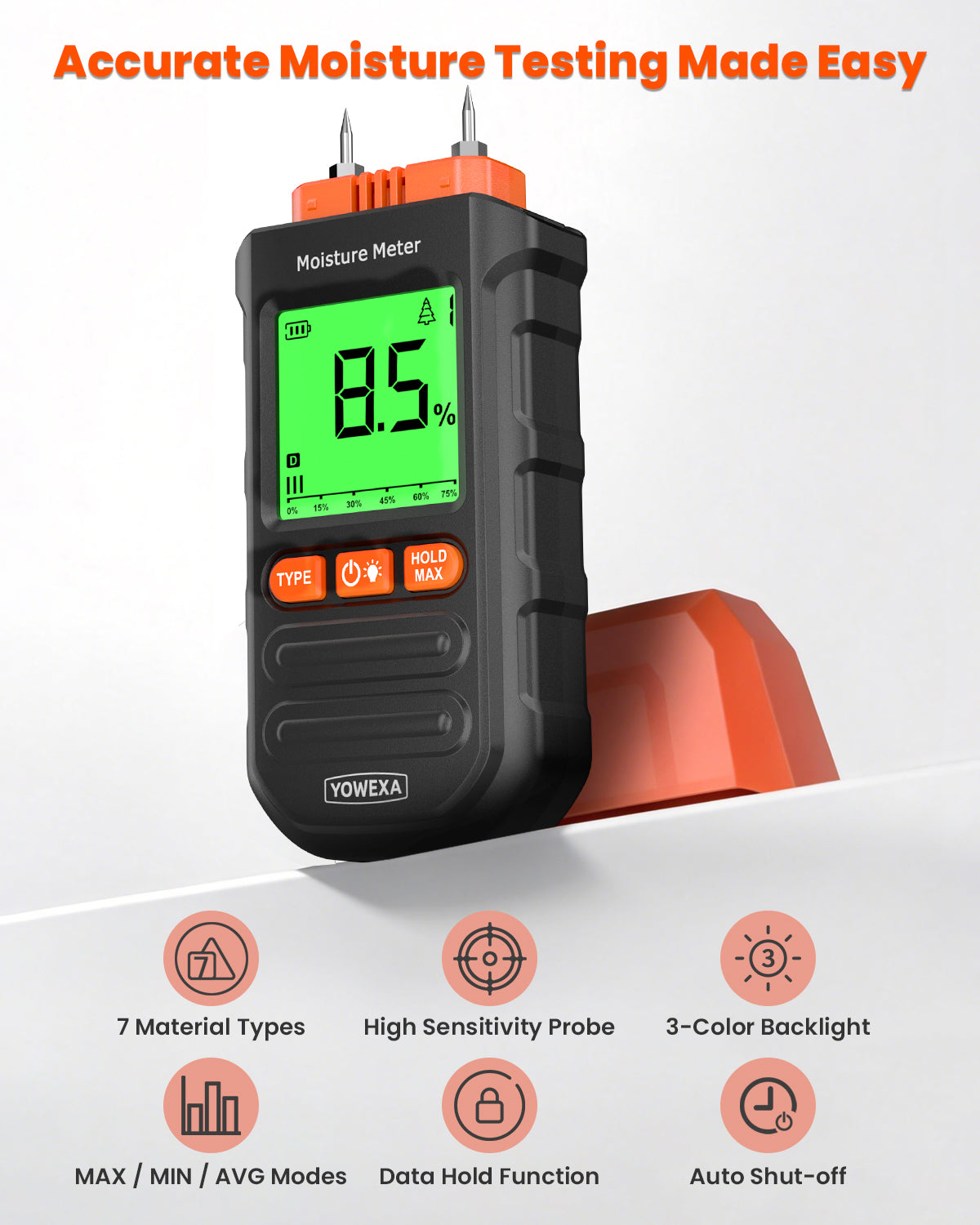 Wood Moisture Meter, Pin-Type Moisture Tester with 7 Material Modes, Digital Meter with Backlit LCD, Max/Min/Avg Mode & Data Hold, for Firewood, Lumber, Drywall & Walls