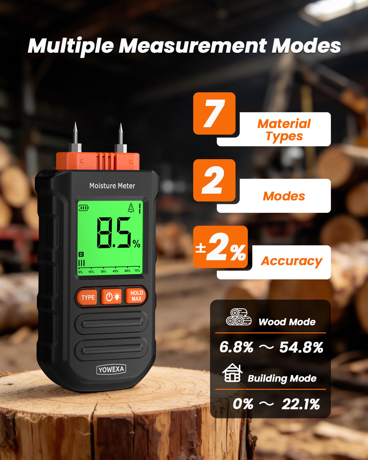 Wood Moisture Meter, Pin-Type Moisture Tester with 7 Material Modes, Digital Meter with Backlit LCD, Max/Min/Avg Mode & Data Hold, for Firewood, Lumber, Drywall & Walls