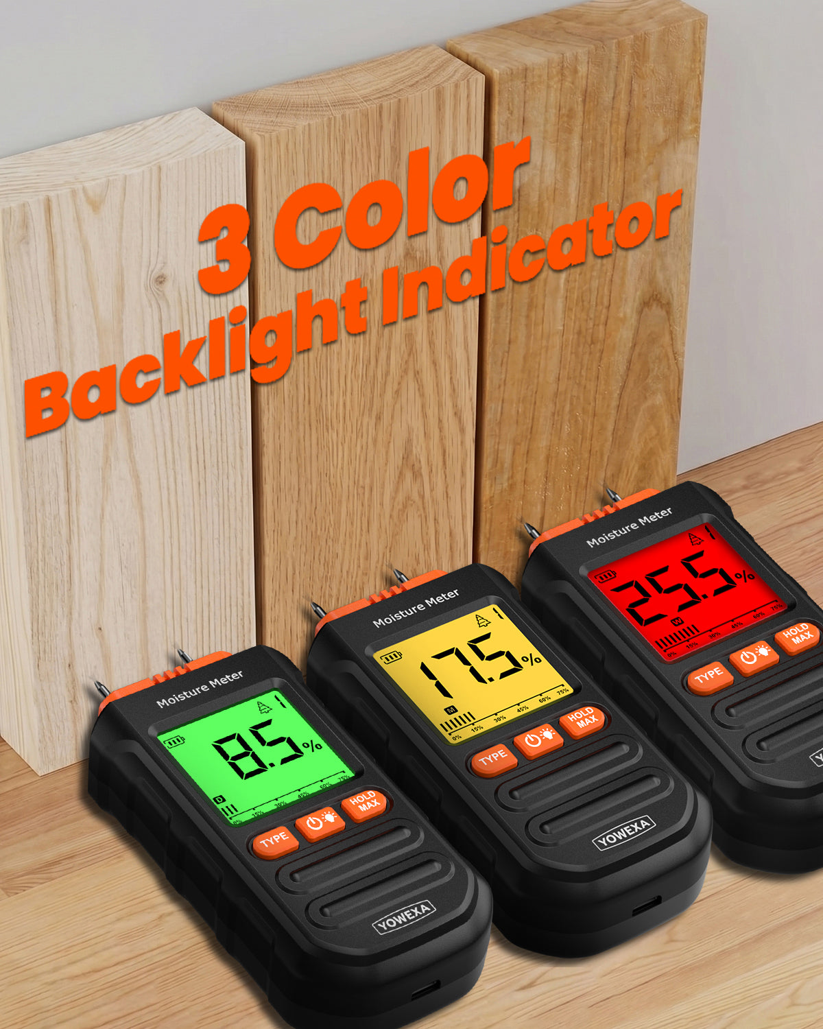 Wood Moisture Meter, Pin-Type Moisture Tester with 7 Material Modes, Digital Meter with Backlit LCD, Max/Min/Avg Mode & Data Hold, for Firewood, Lumber, Drywall & Walls